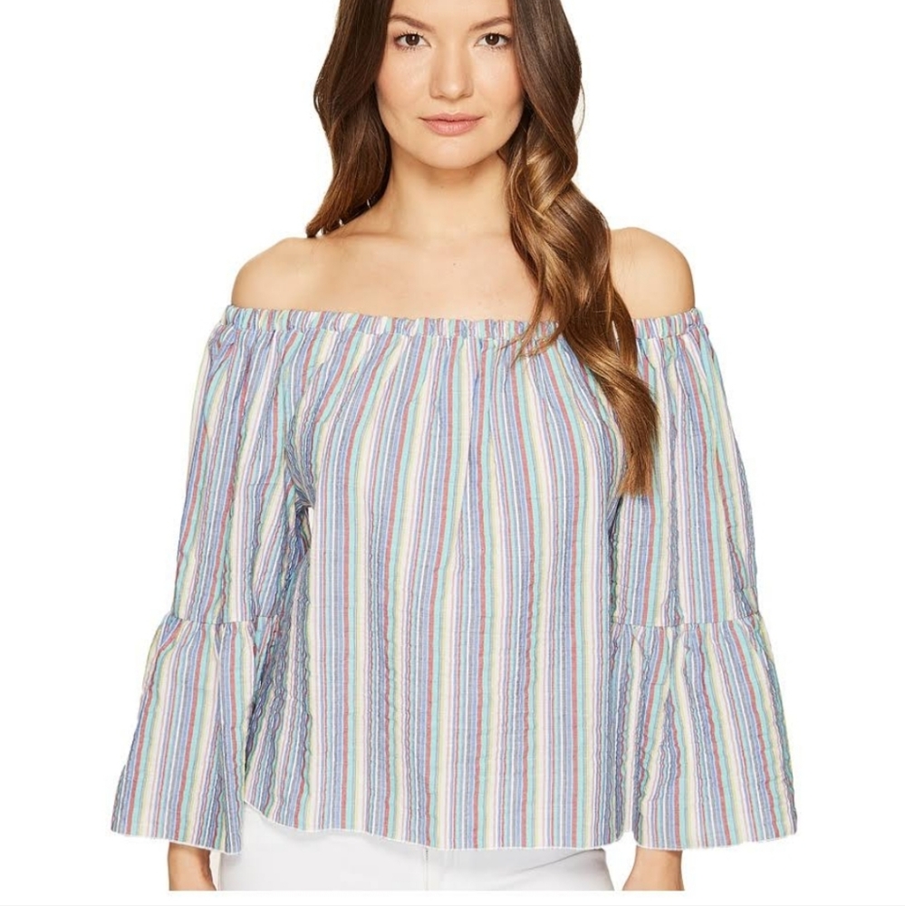 See by Chloe Top Blouse Women's Size 38/(6-8) Stripe Off Shoulder Ruffle